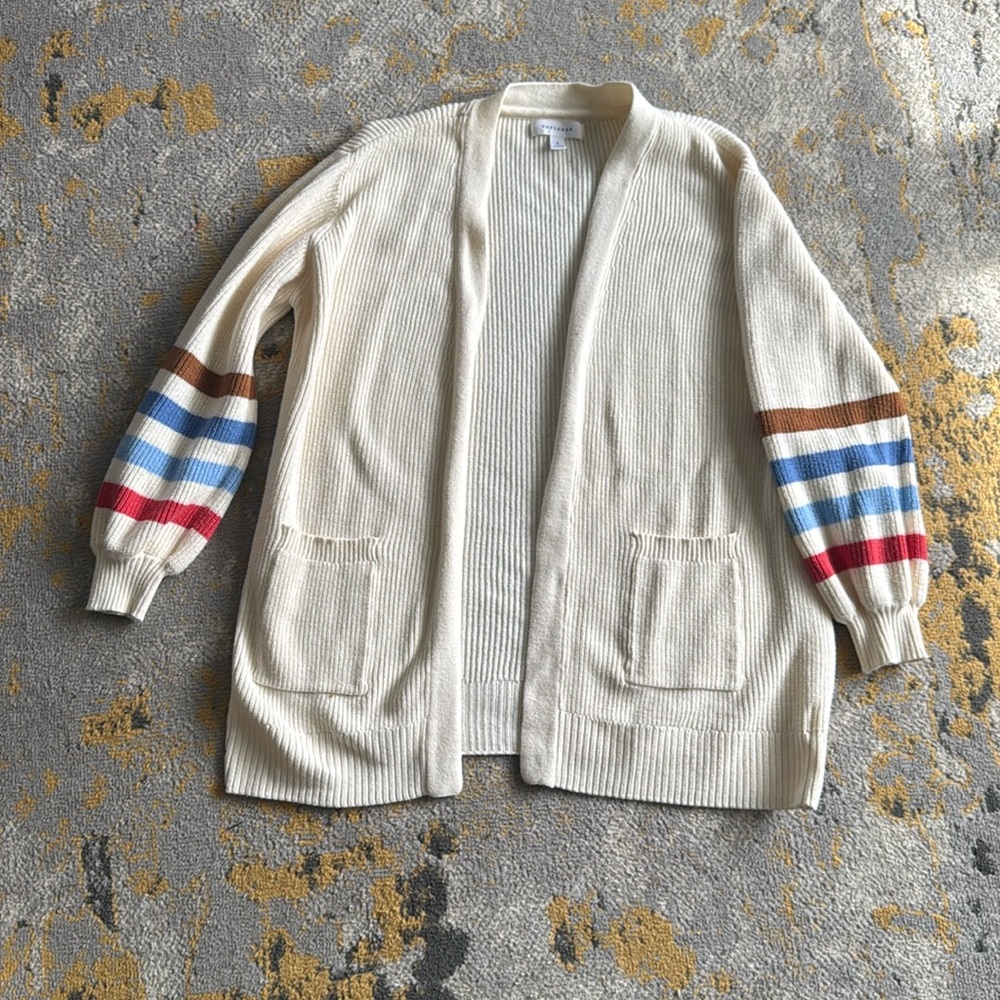 Popsugar Cardigan L Sweater Cream Striped Sleeves Vintage Style Oversized Pocket